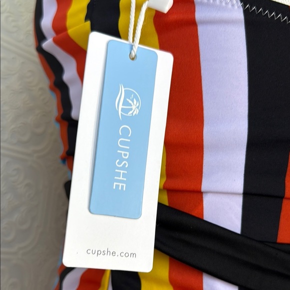 Cupshe | Multi Color Stripe Front Cross One Piece Swimsuit, Black Belt, NWT - Picture 10 of 11